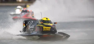 Damon Cohen's black and yellow F1H2O boat, number 98, racing in Sharjah in 2025