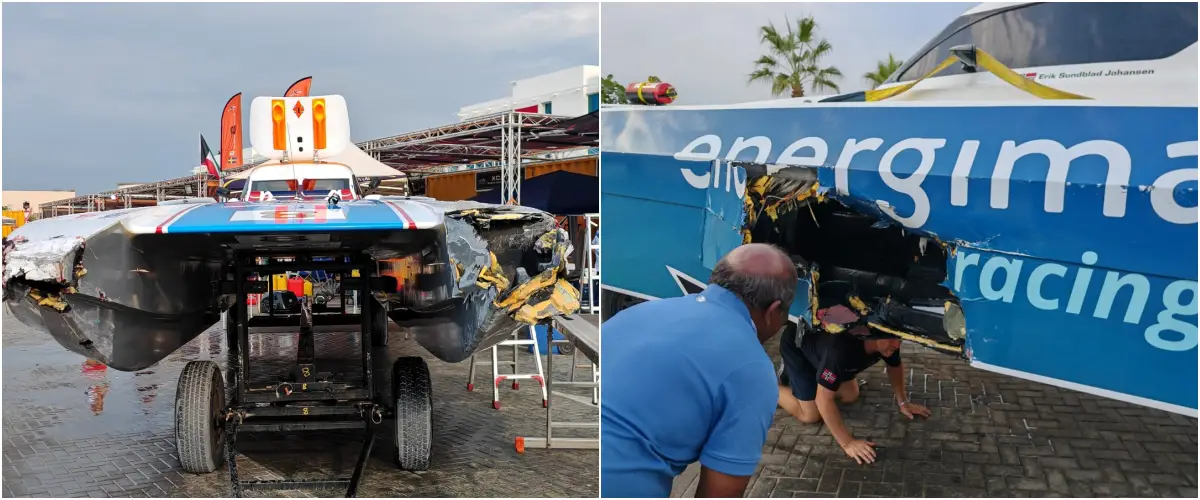 Energima Racing rolled over at the opening turn after contact with another boat. Marit Strømøy and Erik Sundblad Johansen were then struck again whilst inverted, whilst Team GB suffered significant damage in the incident.