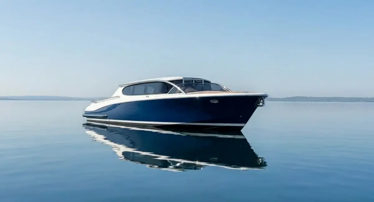 Falcon Tenders 11 metre custom superyacht tender interior with navy leather upholstery