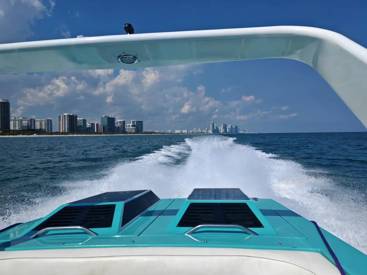 Aft view of the 1986 Wellcraft Scarab 38KV Miami Vice Edition at TNT Marine Center, North Miami