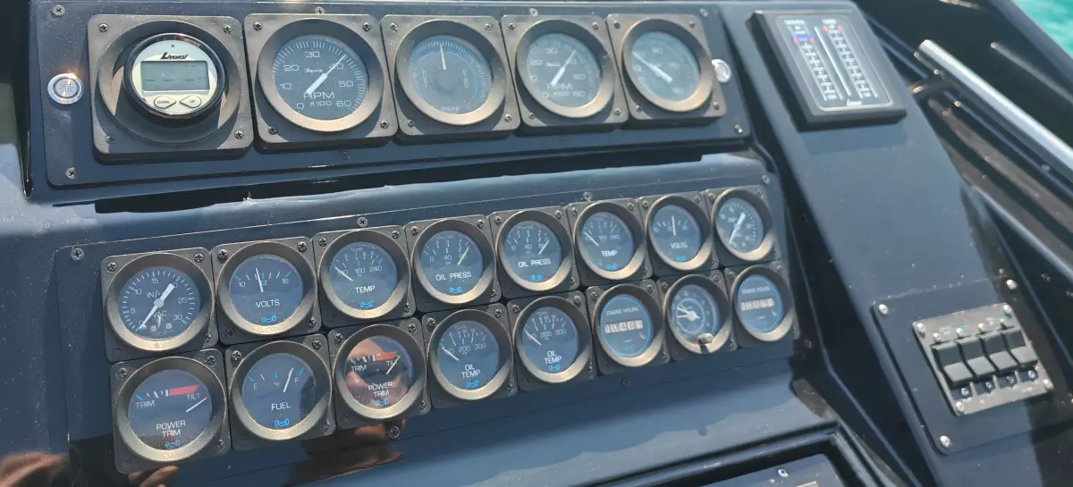 Helm and controls of the 1986 Wellcraft Scarab 38KV Miami Vice Edition