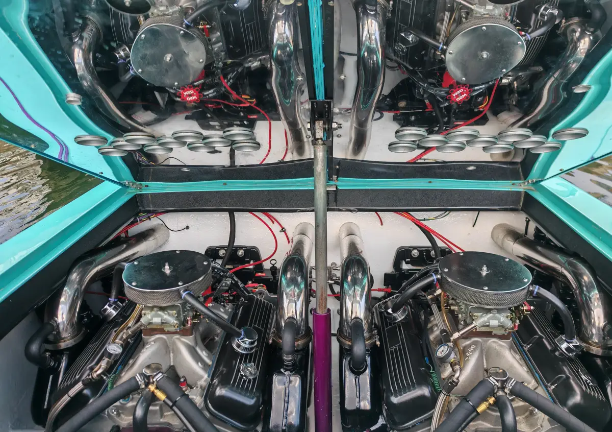 Twin BBC 540ci Dart engines producing 1,300 horsepower in the 1986 Wellcraft Scarab 38KV Miami Vice Edition