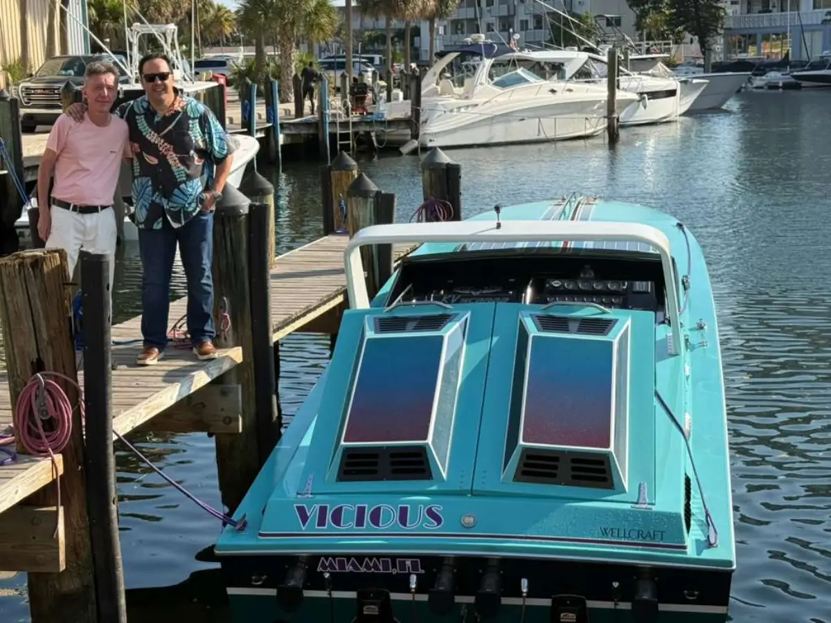 John Moore and Gustavo Morales aboard the 1986 Wellcraft Scarab 38KV Miami Vice Edition, Miami