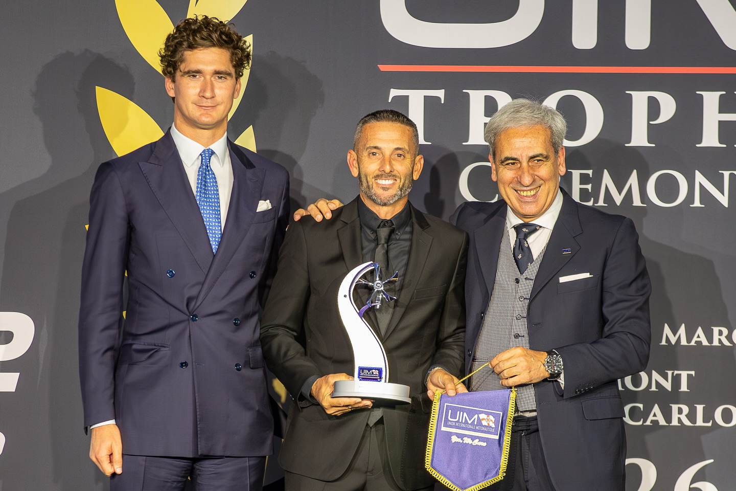 Shaun Torrente receiving his UIM F1H2O World Championship trophy at the UIM Trophy Ceremony, Monaco