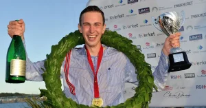 Anton Modin celebrates winning the 2022 UIM Class 3A Offshore World Championship in Larvik, Norway. Photo: Chris Davies