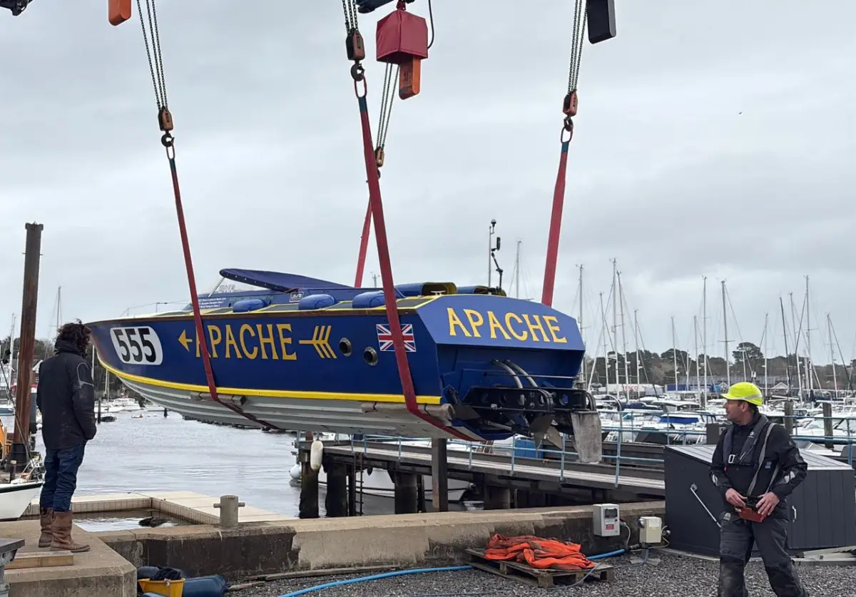 Apache 555 being prepared ahead of her first run from Lymington under Peter Bonham Christie