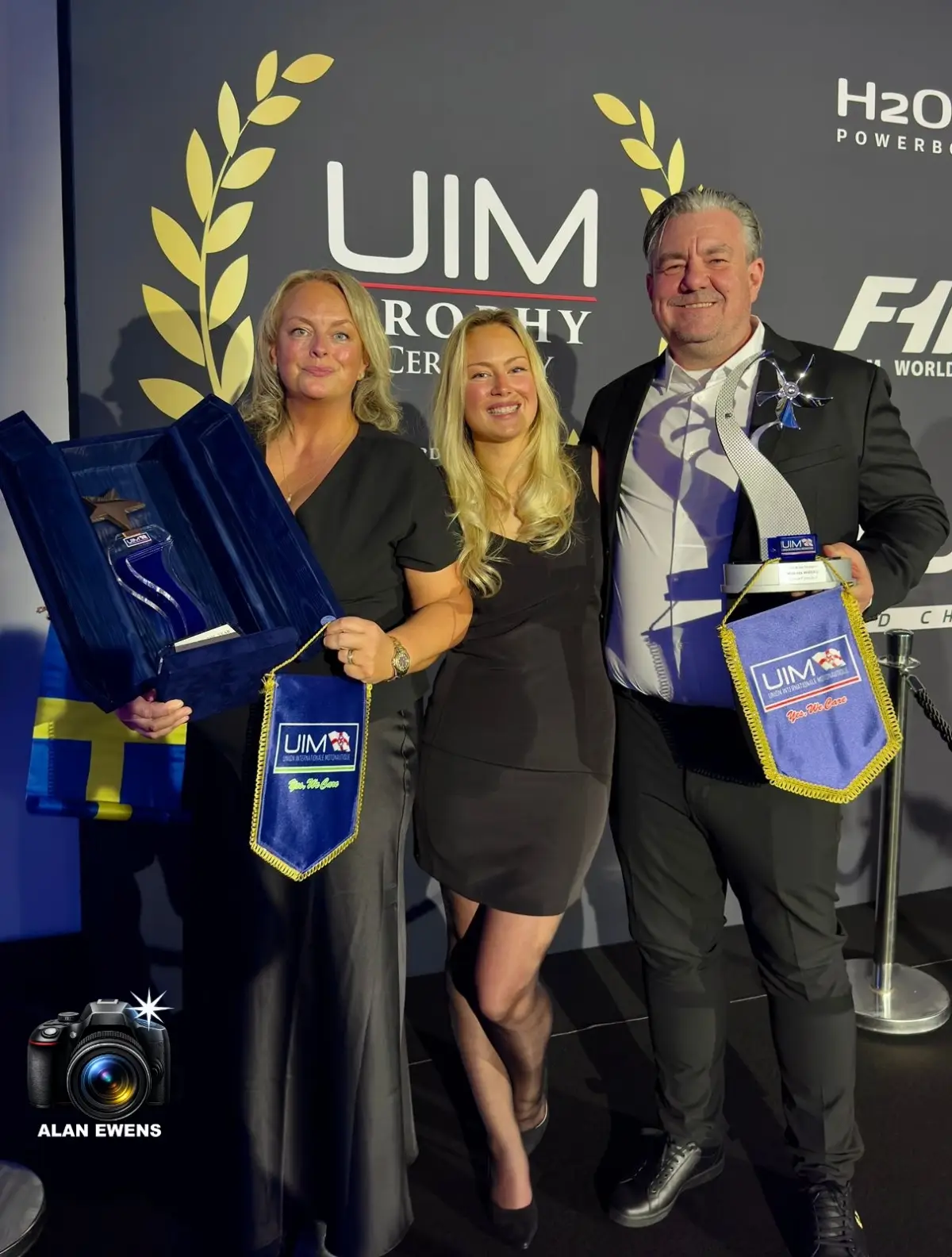 Mathilda Wiberg with parents Emma and Andreas at the UIM Trophy Ceremony, Fairmont Monte Carlo