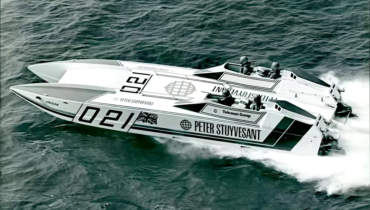 The wooden-hulled Peter Stuyvesant Cougar catamaran used for the 1982 and 1983 Windermere speed records