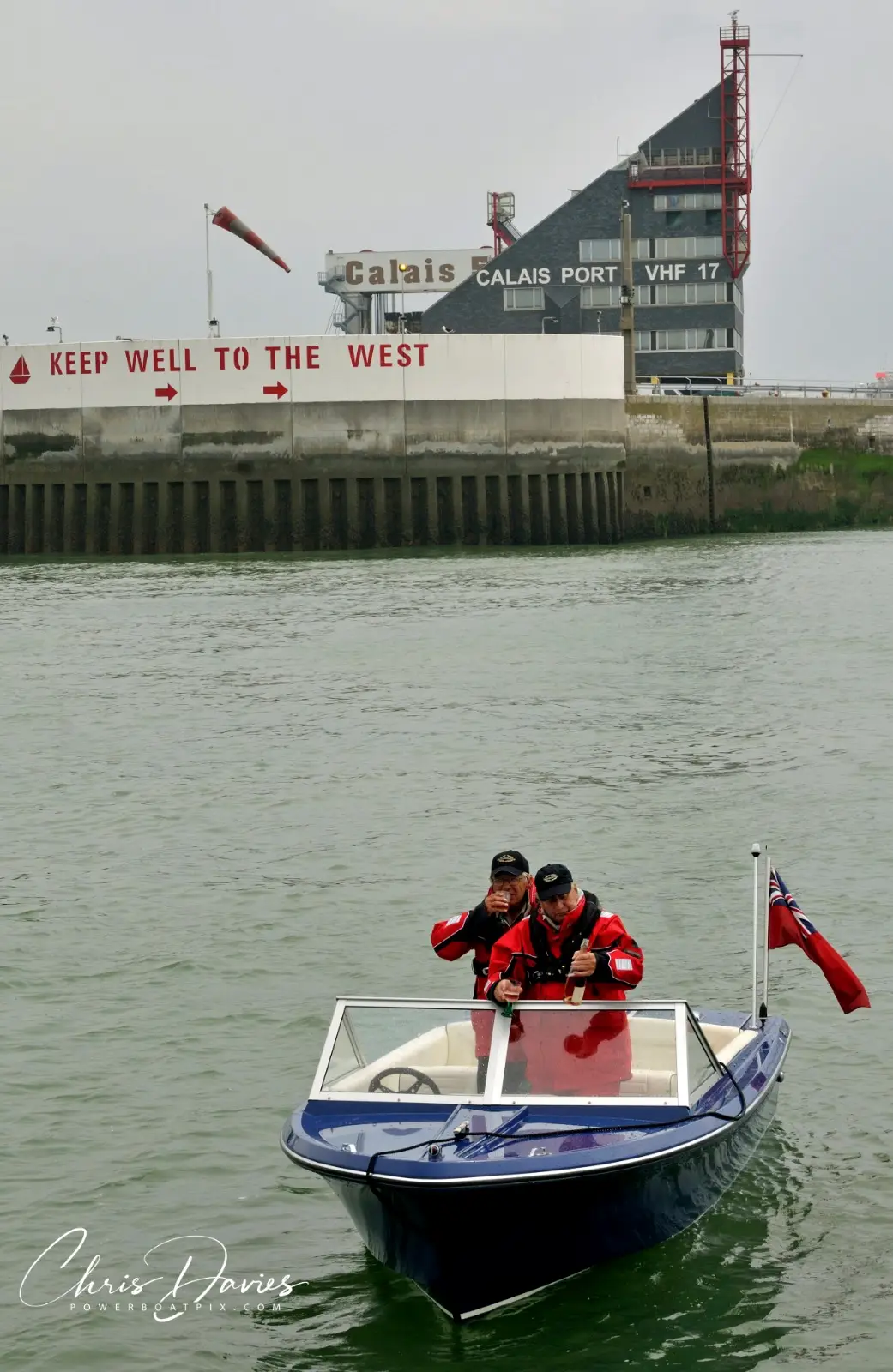 Ray Bulman and Geoff Tobert arrive at Calais in the Sunseeker Sovereign
