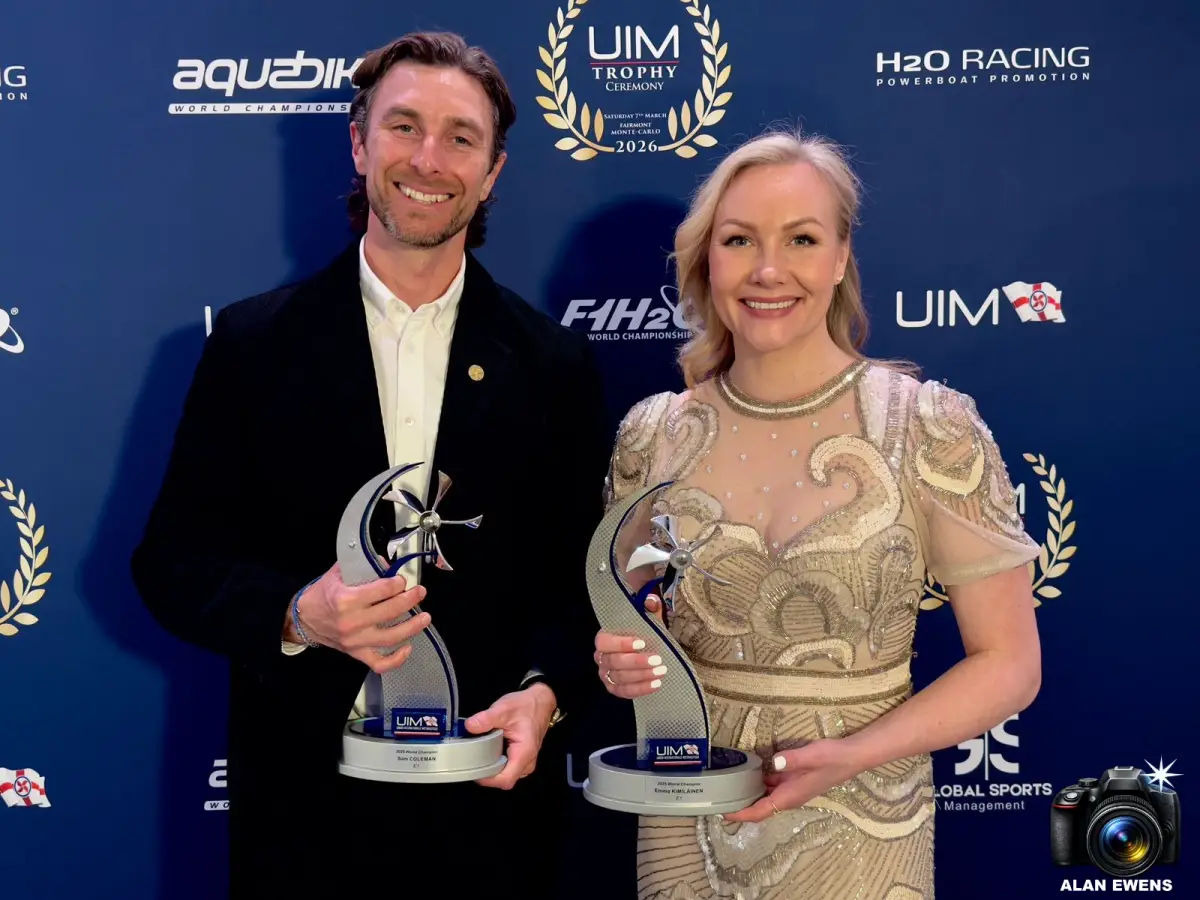 Sam Coleman and Emma Kimiläinen at the UIM Trophy Ceremony, Fairmont Monte Carlo