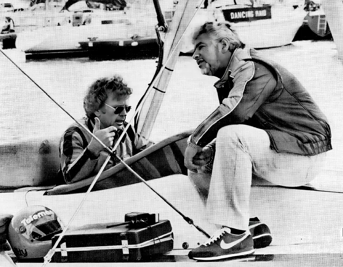 Ted Toleman and Harold Smitty Smith at Southampton Water before their 1981 world speed record attempt