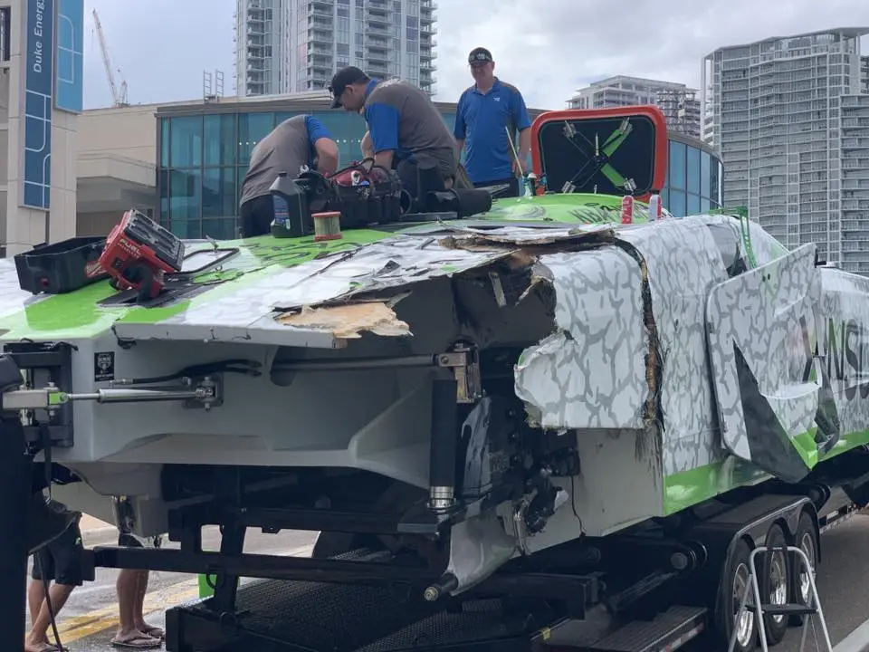X/Insurance North after barrel-rolling at the 2026 Monster Energy St. Pete Powerboat Grand Prix