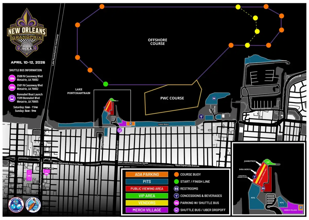 Venue and course map for the 2nd Annual New Orleans Powerboat Grand Prix at Lake Pontchartrain, Metairie, Louisiana