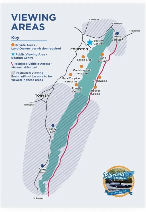Map of viewing and restricted areas for the Bluebird K7 Festival at Coniston Water, 11-17 May 2026