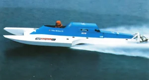 Miss Britain IV, the Ford Sabre-powered three-point hydroplane in which Chris Kaye set a world diesel water speed record of 124.24 mph on Coniston Water in November 1982