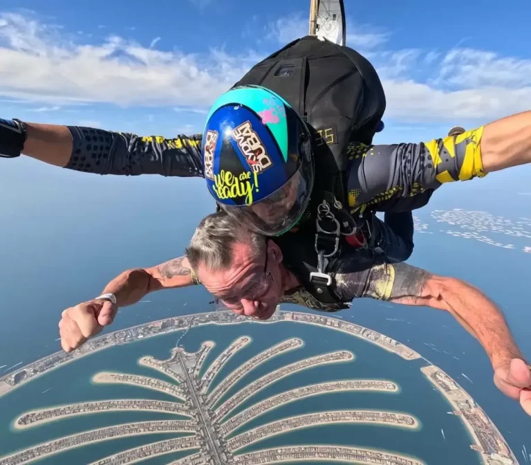 Dave Sheldon of Multispark Racing skydiving over the Palm Jumeirah in Dubai