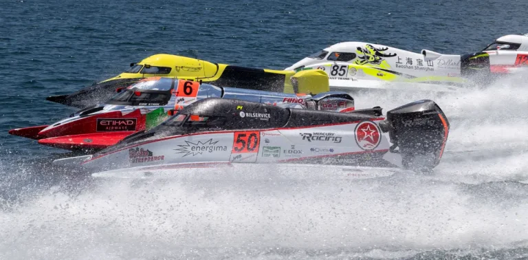 F1H2O race action - Marit Strømøy (#50, Strømøy Racing) leads Erik Stark (#6, Team Abu Dhabi) and Grant Trask in a 2025 Grand Prix