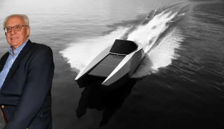 Fabio Buzzi with the Code X catamaran on water - photo by Chris Davies