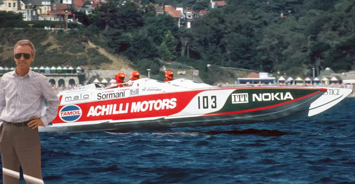 Fausto Atzori Stain pictured alongside the Achilli Motors catamaran, one of his most celebrated offshore powerboat designs