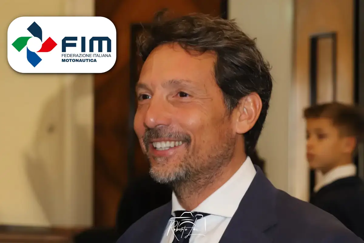 Giorgio Viscione, president of the Federazione Italiana Motonautica, pictured with the new FIM logo