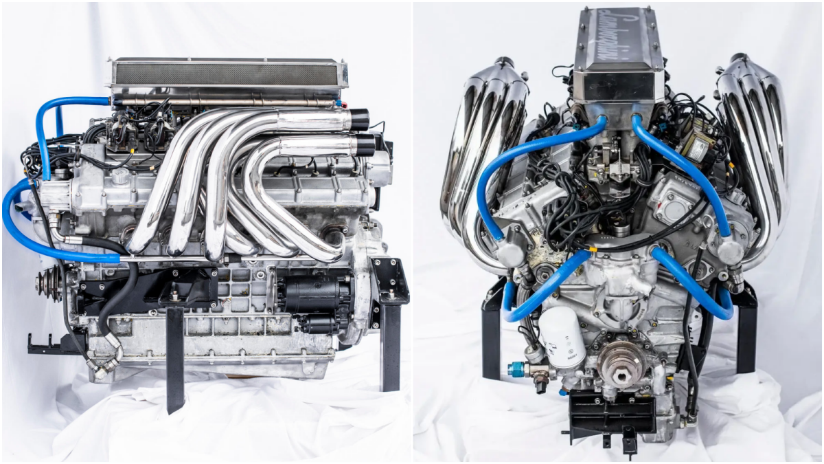 Lamborghini marine V12 offshore racing engine side and front views showing polished exhaust headers