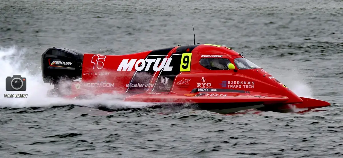 Mette Bjerknes in her F2 catamaran at Stewartby Lake during pre-season testing