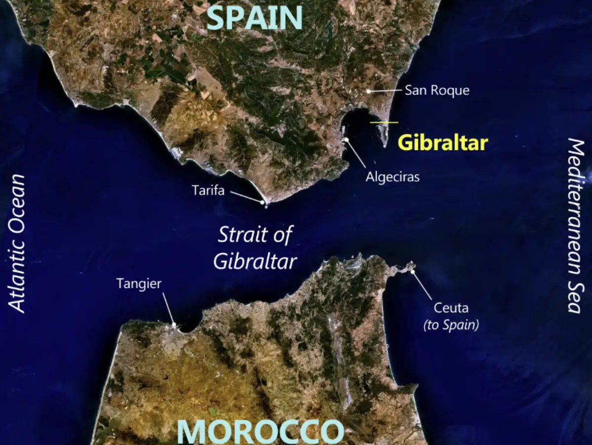 The Strait of Gibraltar, the nine-mile stretch of water between Gibraltar and Morocco at the entrance to the Mediterranean