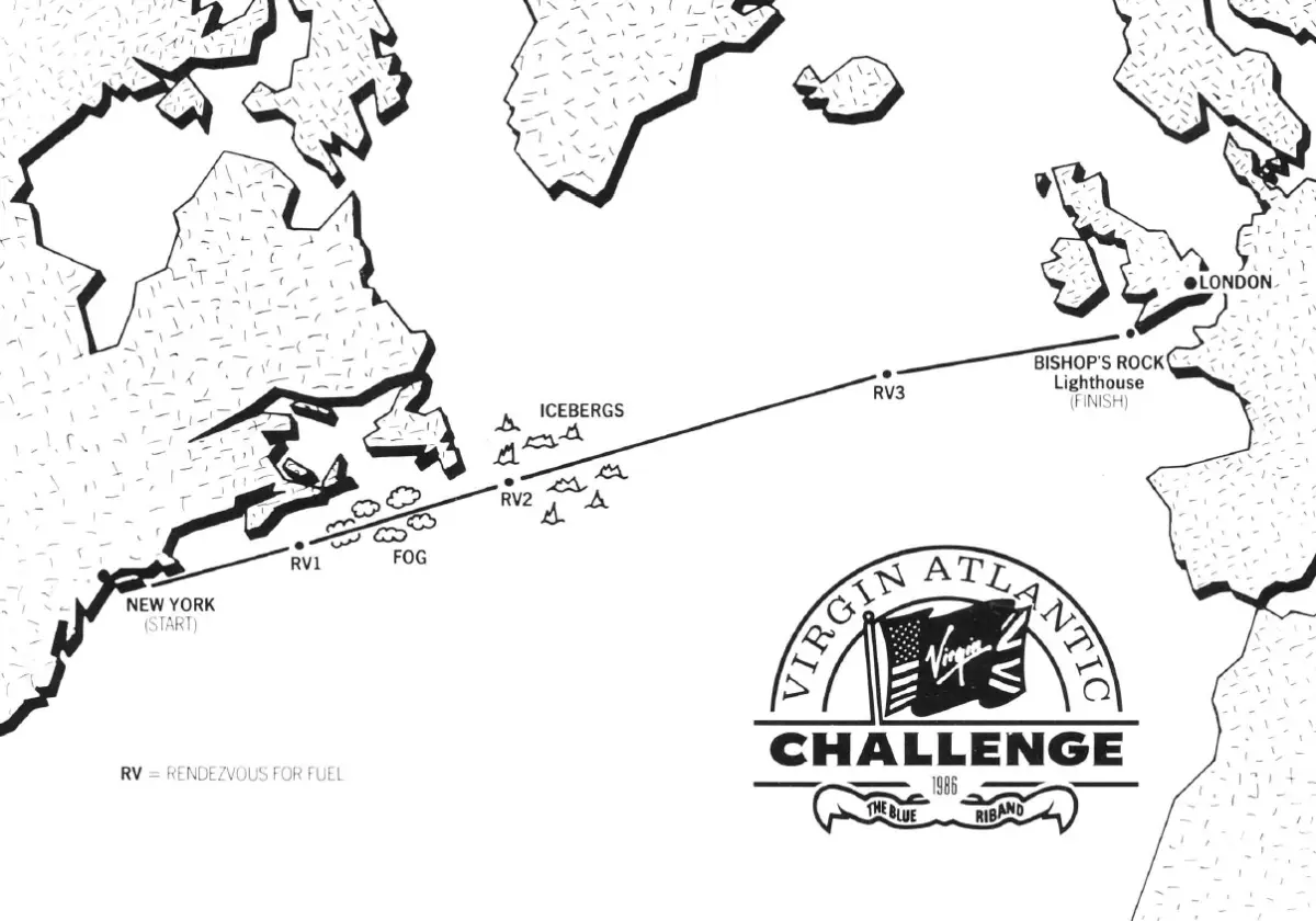 Route chart showing Virgin Atlantic Challenger II's course from Ambrose Light to Bishop Rock with three refuelling stops