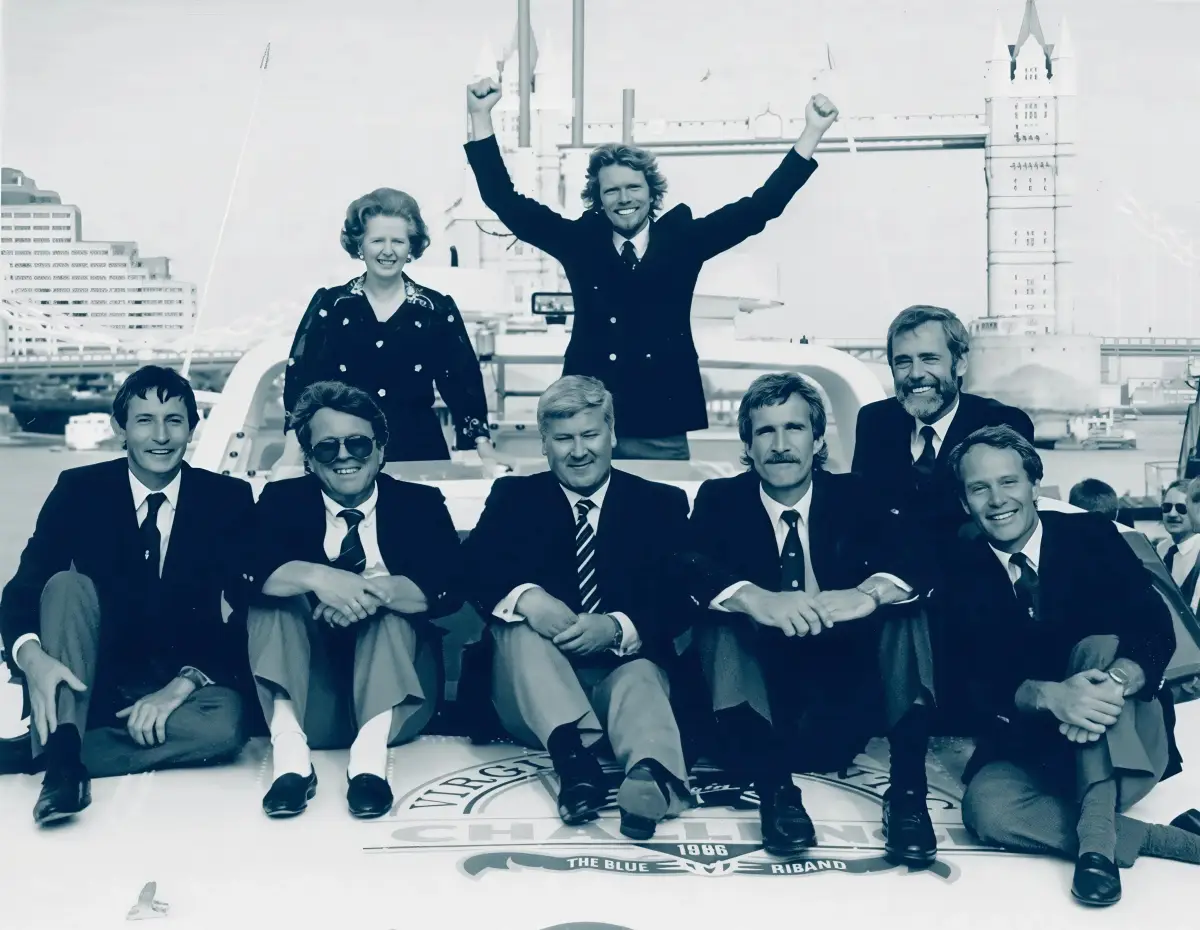 From left: Prime Minister Margaret Thatcher, Richard Branson, Steve Ridgway, Eckhard Rastig, Chay Blyth, Steve Lawes, Dag Pike and Peter Macann on the River Thames, July 3, 1986