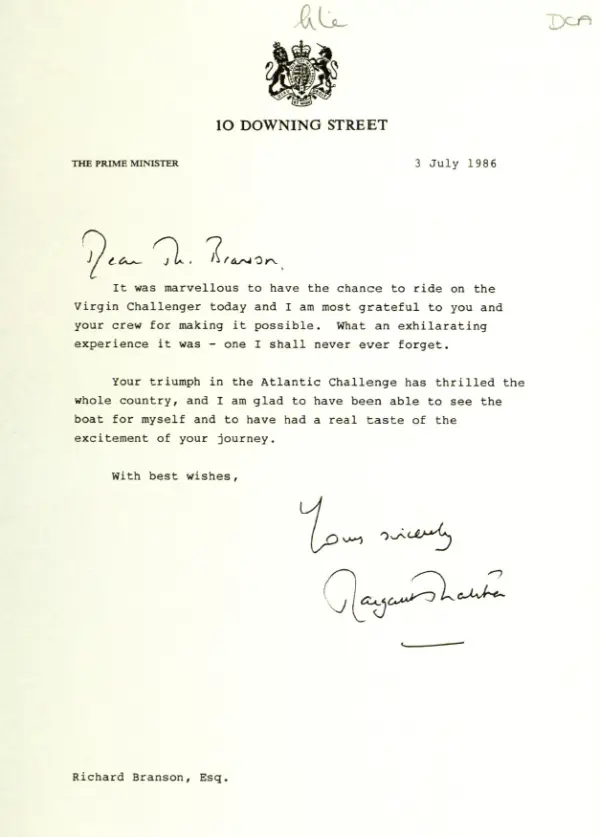 Letter from Prime Minister Margaret Thatcher to Richard Branson thanking him for the trip on the River Thames, July 1986