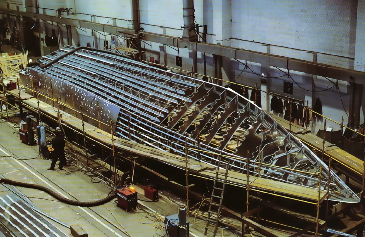 Virgin Atlantic Challenger II under construction at Brooke Yachts in Lowestoft, Suffolk