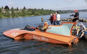 The restored Harrah's Tahoe Miss U-3, owned by Stephen Hayden, at the dock