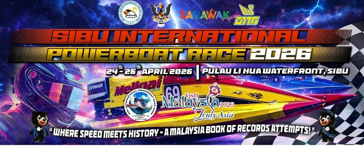 Official promotional banner for the Sibu International Powerboat Race 2026 at Pulau Li Hua Waterfront, Sibu, April 24 to 26