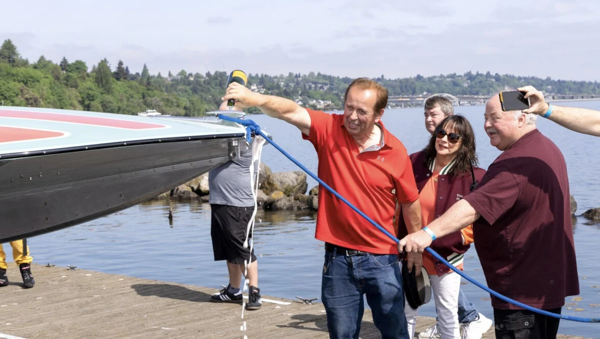 Stephen Hayden christening the restored Harrah's Tahoe Miss in 2023