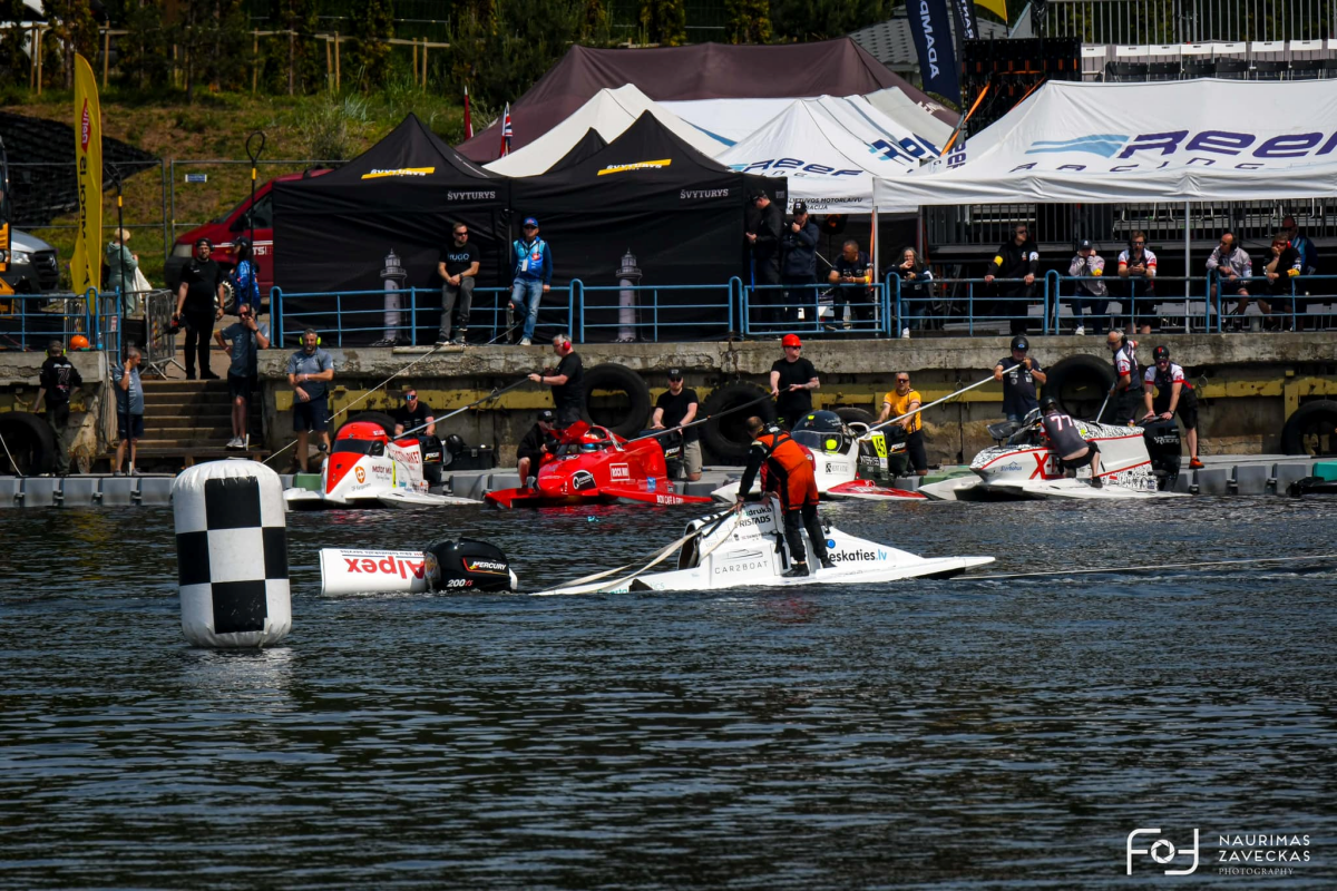 The severely damaged boat of Dainis Podžuks after the Heat 2 collision at the 2025 UIM F2 European Championship