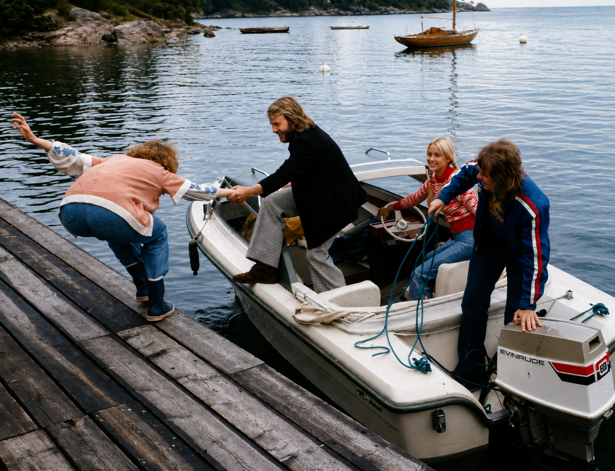 Anni-Frid Lyngstad gets a helping hand into the boat from Benny Andersson, Stockholm archipelago, 1974