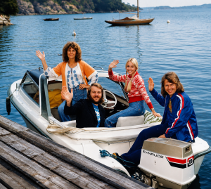 All four ABBA members on a boat powered by an Evinrude 60 outboard, Stockholm archipelago, 1974