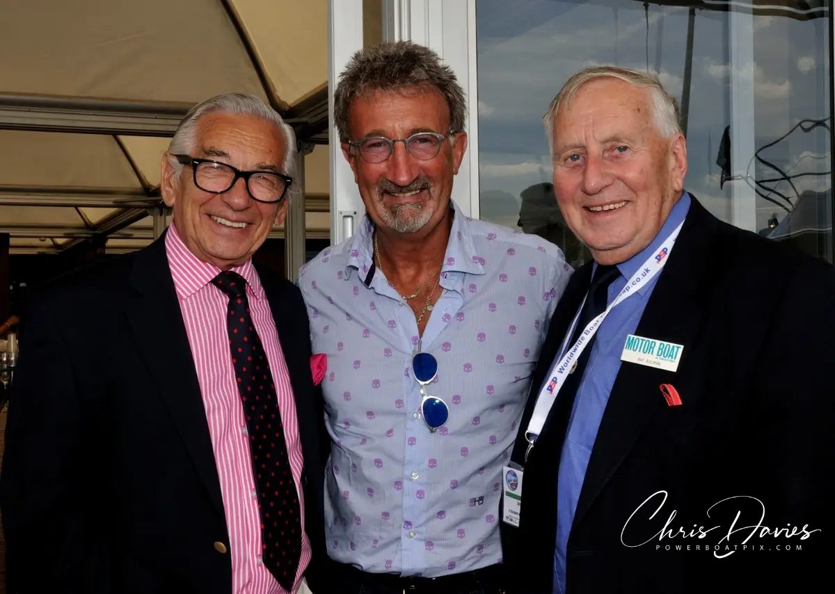 Eddie Jordan on the Sunseeker stand at the 2009 Southampton Boat Show with Geoff Tobert and Ray Bulman