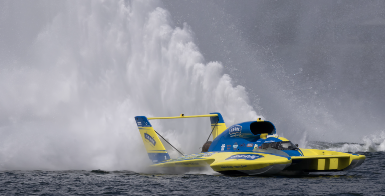 H1 Unlimited hydroplane boats on the water during preseason testing at Columbia Park, Tri-Cities, Washington