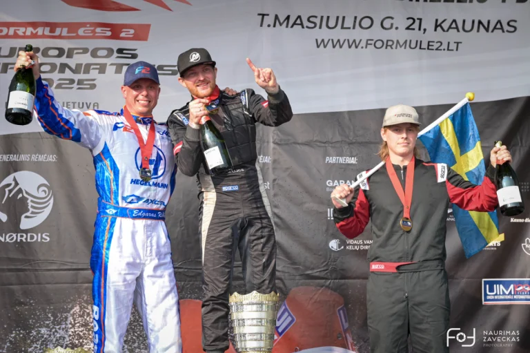Nikita Lijcs on the podium after winning the 2025 UIM F2 European Championship in Kaunas, Lithuania