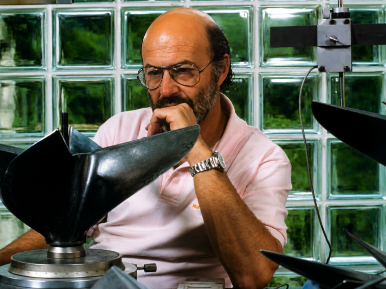 Phil Rolla with a Rolla surface-piercing propeller at his Balerna design studio, 1989
