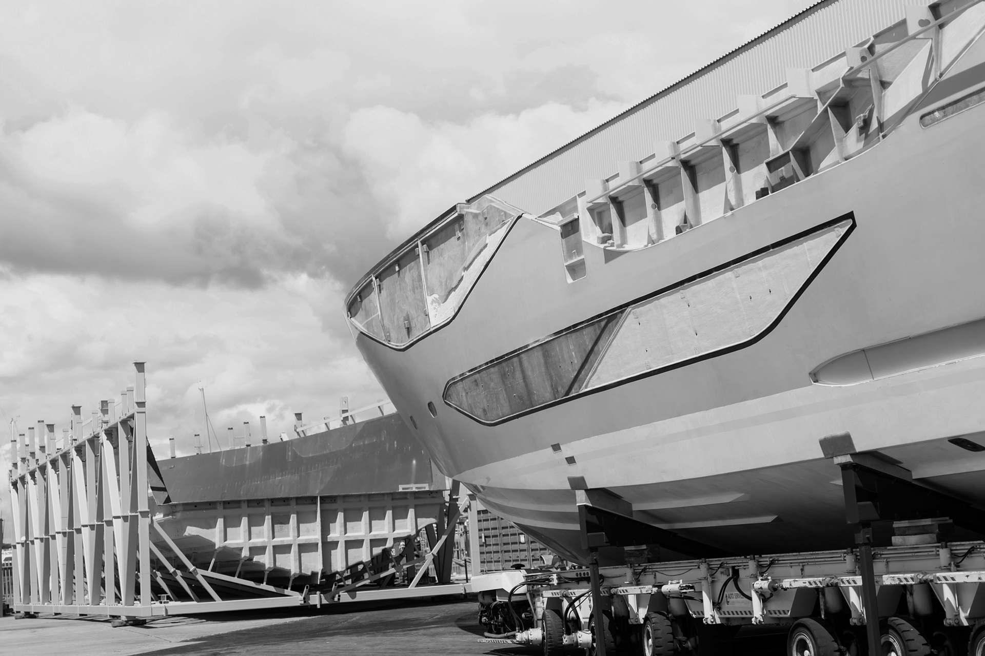 Sunseeker 134 Superyacht hull under construction inside the build shed at Osprey Quay