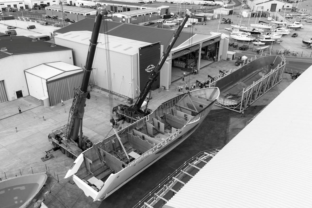 Aerial view of the Sunseeker 134 Superyacht hull at Osprey Quay, Portland, Dorset