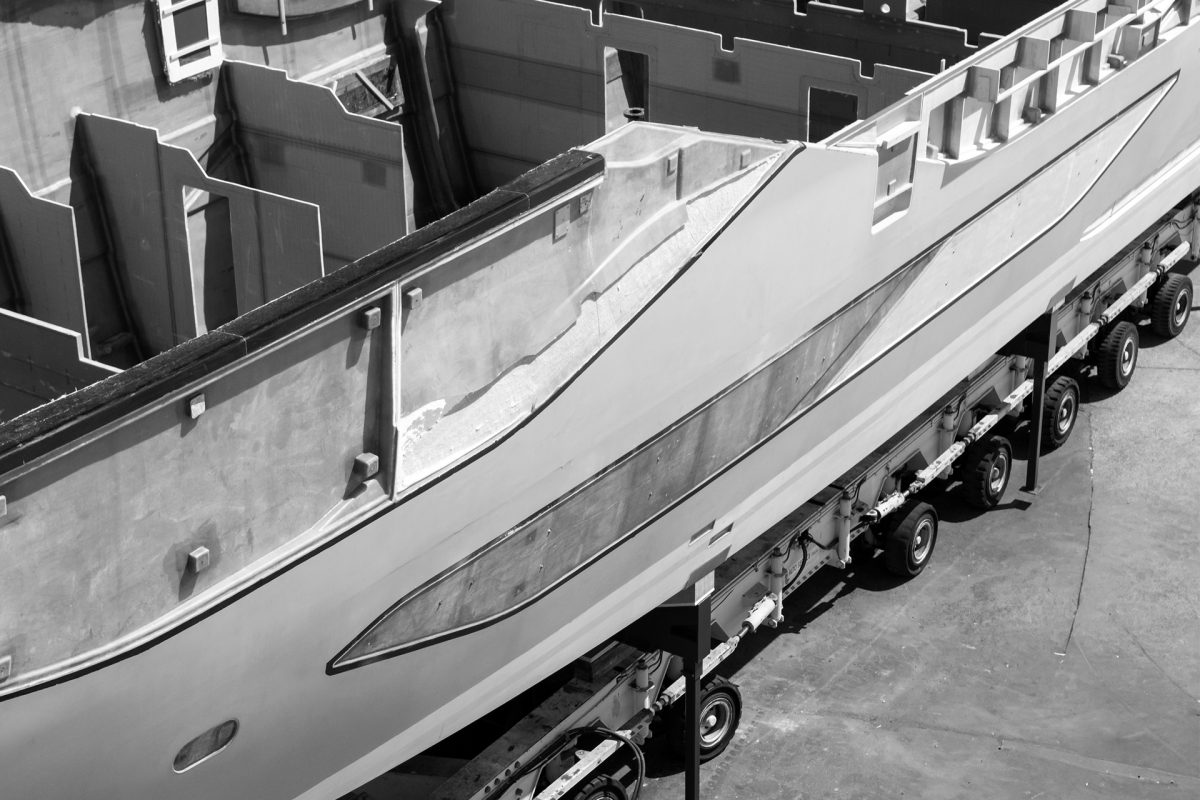 Sunseeker 134 Superyacht hull detail during construction at Osprey Quay, Portland
