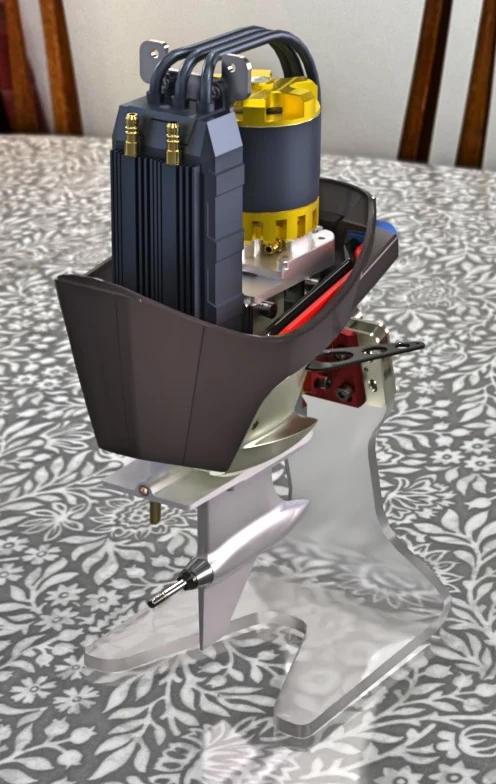 AMPS near-scale APX outboard electric version showing battery pack and electric motor internals