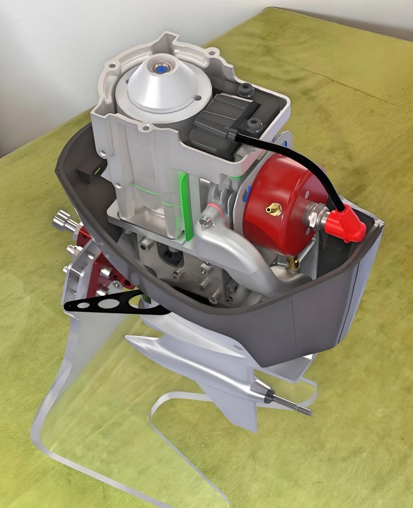 AMPS near-scale APX outboard petrol engine version showing engine internals with cowling removed