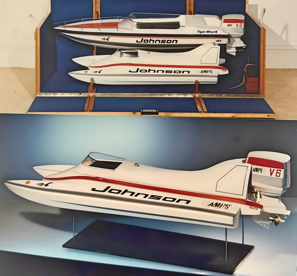AMPS presentation case supplied to OMC featuring Johnson-sponsored Tiger Shark models with AMPS V6 outboards