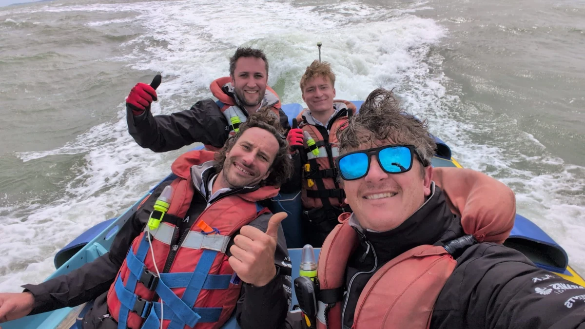 Apache crew (Peter Bonham Christie, Bligh Julius, Dan Lee, Casper Bradley) after finishing the 2026 MDL Marinas Shamrock Round the Island