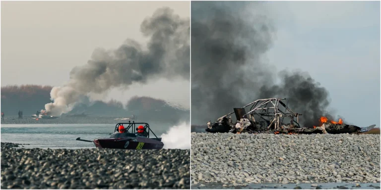 U185 jet boat on fire at the Canterbury Rivers Race on the Rakaia River, New Zealand, May 30 2026
