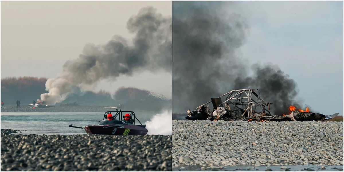 U185 jet boat on fire at the Canterbury Rivers Race on the Rakaia River, New Zealand, May 30 2026
